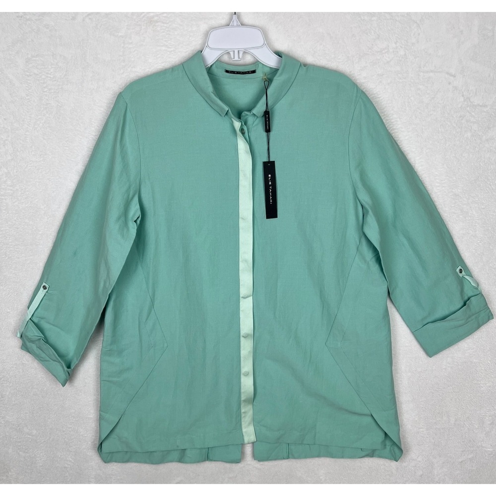 Elie Tahari Carly Blouse Womens Large New Linen‎ Green Roll Sleeve Button Up Top